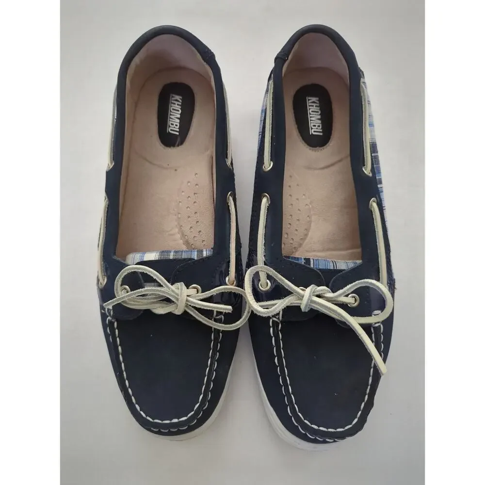 KHOMBU Blue Leather & White Plaid Slip on Boat Shoes women's Size 11